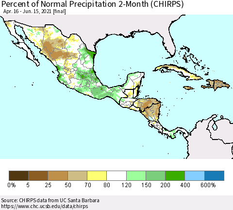 Mexico Central America and the Caribbean Percent of Normal Precipitation 2-Month (CHIRPS) Thematic Map For 4/16/2021 - 6/15/2021