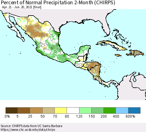 Mexico Central America and the Caribbean Percent of Normal Precipitation 2-Month (CHIRPS) Thematic Map For 4/21/2021 - 6/20/2021