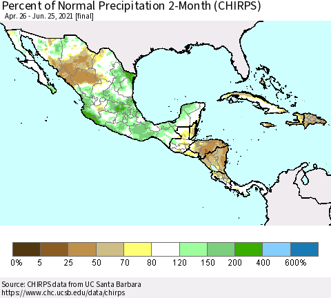 Mexico Central America and the Caribbean Percent of Normal Precipitation 2-Month (CHIRPS) Thematic Map For 4/26/2021 - 6/25/2021