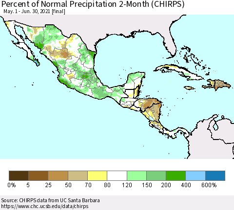 Mexico Central America and the Caribbean Percent of Normal Precipitation 2-Month (CHIRPS) Thematic Map For 5/1/2021 - 6/30/2021