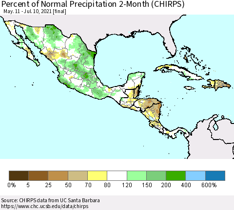 Mexico Central America and the Caribbean Percent of Normal Precipitation 2-Month (CHIRPS) Thematic Map For 5/11/2021 - 7/10/2021