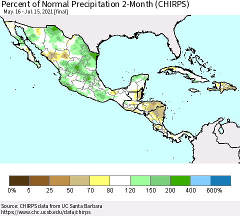 Mexico Central America and the Caribbean Percent of Normal Precipitation 2-Month (CHIRPS) Thematic Map For 5/16/2021 - 7/15/2021