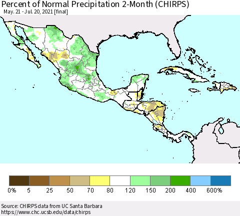 Mexico Central America and the Caribbean Percent of Normal Precipitation 2-Month (CHIRPS) Thematic Map For 5/21/2021 - 7/20/2021