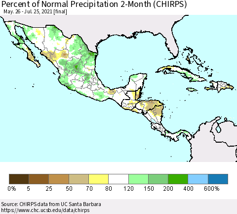 Mexico Central America and the Caribbean Percent of Normal Precipitation 2-Month (CHIRPS) Thematic Map For 5/26/2021 - 7/25/2021