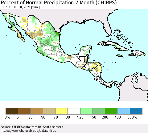 Mexico Central America and the Caribbean Percent of Normal Precipitation 2-Month (CHIRPS) Thematic Map For 6/1/2021 - 7/31/2021