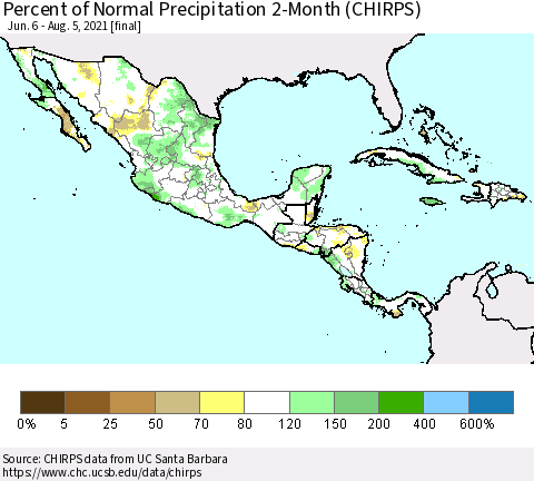 Mexico Central America and the Caribbean Percent of Normal Precipitation 2-Month (CHIRPS) Thematic Map For 6/6/2021 - 8/5/2021