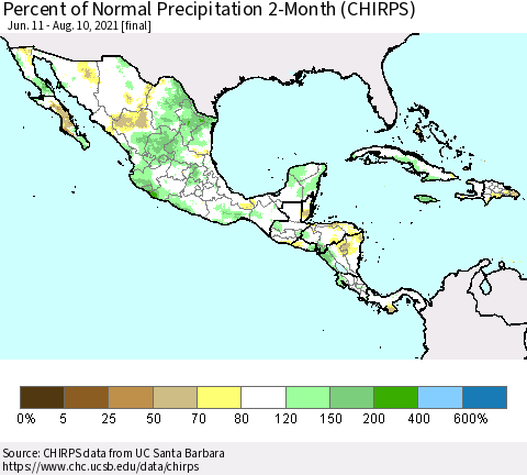 Mexico Central America and the Caribbean Percent of Normal Precipitation 2-Month (CHIRPS) Thematic Map For 6/11/2021 - 8/10/2021