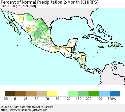 Mexico Central America and the Caribbean Percent of Normal Precipitation 2-Month (CHIRPS) Thematic Map For 6/21/2021 - 8/20/2021