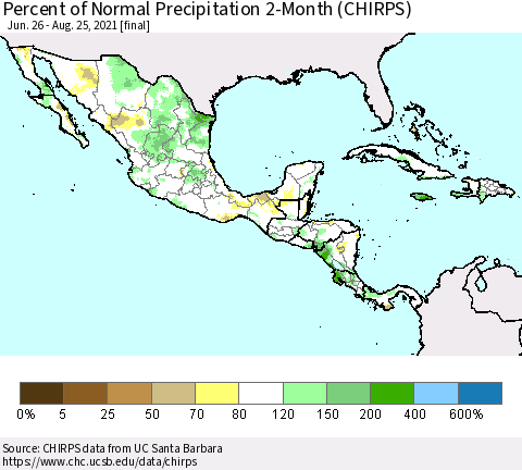 Mexico Central America and the Caribbean Percent of Normal Precipitation 2-Month (CHIRPS) Thematic Map For 6/26/2021 - 8/25/2021