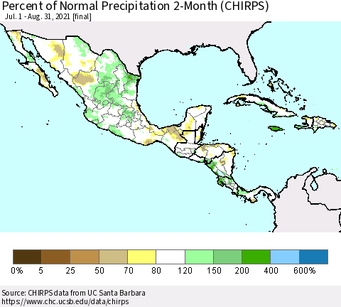 Mexico Central America and the Caribbean Percent of Normal Precipitation 2-Month (CHIRPS) Thematic Map For 7/1/2021 - 8/31/2021
