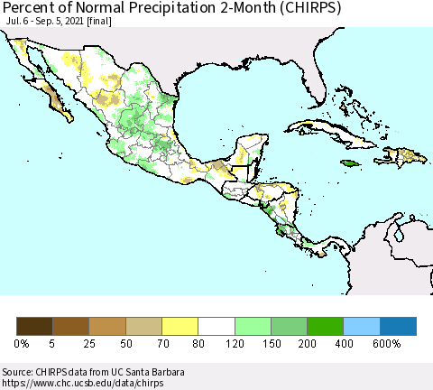 Mexico Central America and the Caribbean Percent of Normal Precipitation 2-Month (CHIRPS) Thematic Map For 7/6/2021 - 9/5/2021