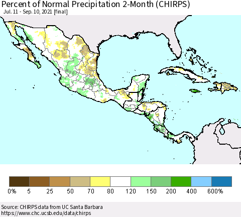 Mexico Central America and the Caribbean Percent of Normal Precipitation 2-Month (CHIRPS) Thematic Map For 7/11/2021 - 9/10/2021