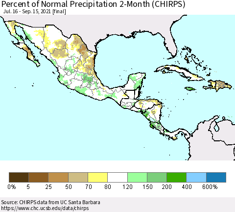 Mexico Central America and the Caribbean Percent of Normal Precipitation 2-Month (CHIRPS) Thematic Map For 7/16/2021 - 9/15/2021