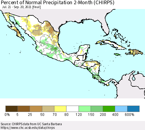 Mexico Central America and the Caribbean Percent of Normal Precipitation 2-Month (CHIRPS) Thematic Map For 7/21/2021 - 9/20/2021