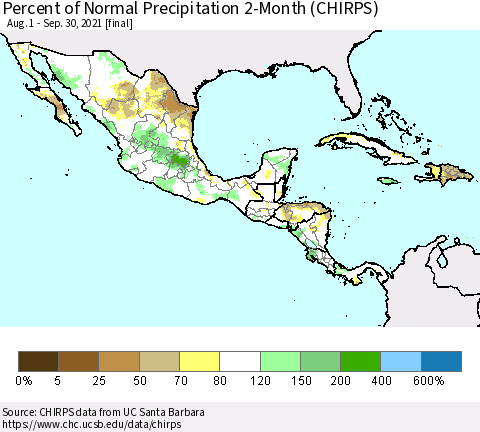 Mexico Central America and the Caribbean Percent of Normal Precipitation 2-Month (CHIRPS) Thematic Map For 8/1/2021 - 9/30/2021