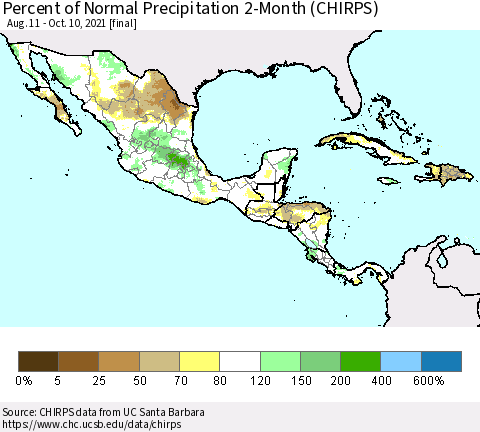Mexico Central America and the Caribbean Percent of Normal Precipitation 2-Month (CHIRPS) Thematic Map For 8/11/2021 - 10/10/2021