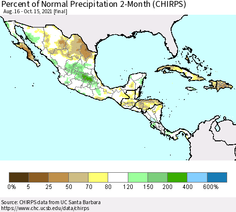 Mexico Central America and the Caribbean Percent of Normal Precipitation 2-Month (CHIRPS) Thematic Map For 8/16/2021 - 10/15/2021