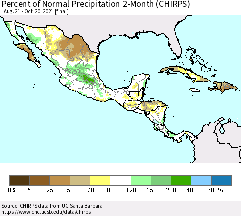 Mexico Central America and the Caribbean Percent of Normal Precipitation 2-Month (CHIRPS) Thematic Map For 8/21/2021 - 10/20/2021