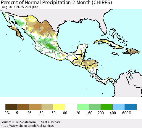 Mexico Central America and the Caribbean Percent of Normal Precipitation 2-Month (CHIRPS) Thematic Map For 8/26/2021 - 10/25/2021