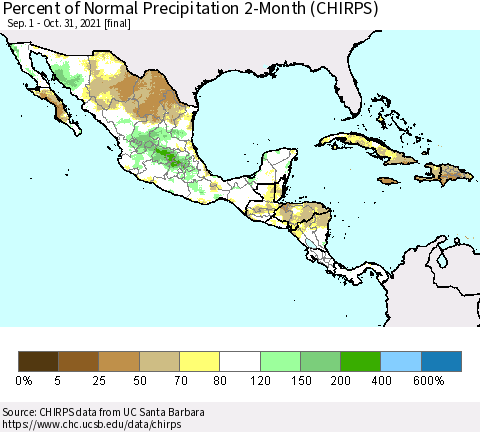 Mexico Central America and the Caribbean Percent of Normal Precipitation 2-Month (CHIRPS) Thematic Map For 9/1/2021 - 10/31/2021
