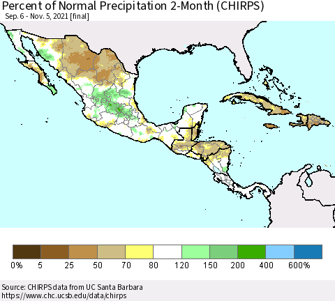 Mexico Central America and the Caribbean Percent of Normal Precipitation 2-Month (CHIRPS) Thematic Map For 9/6/2021 - 11/5/2021