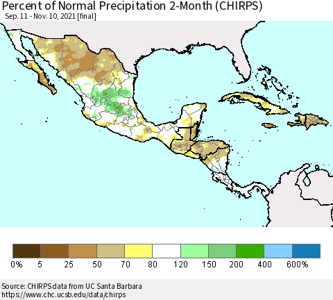 Mexico Central America and the Caribbean Percent of Normal Precipitation 2-Month (CHIRPS) Thematic Map For 9/11/2021 - 11/10/2021