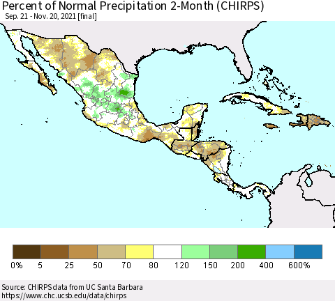 Mexico Central America and the Caribbean Percent of Normal Precipitation 2-Month (CHIRPS) Thematic Map For 9/21/2021 - 11/20/2021