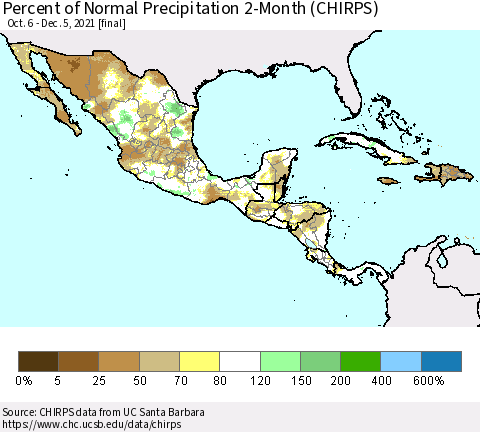 Mexico Central America and the Caribbean Percent of Normal Precipitation 2-Month (CHIRPS) Thematic Map For 10/6/2021 - 12/5/2021
