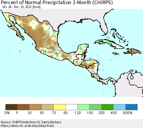 Mexico Central America and the Caribbean Percent of Normal Precipitation 2-Month (CHIRPS) Thematic Map For 10/26/2021 - 12/25/2021