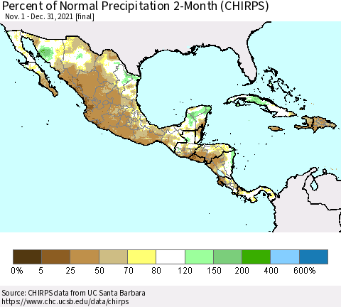 Mexico Central America and the Caribbean Percent of Normal Precipitation 2-Month (CHIRPS) Thematic Map For 11/1/2021 - 12/31/2021