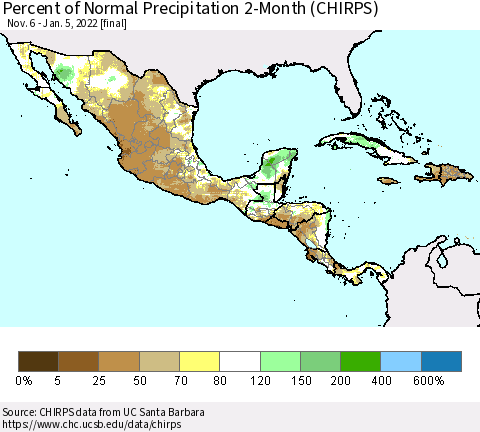 Mexico Central America and the Caribbean Percent of Normal Precipitation 2-Month (CHIRPS) Thematic Map For 11/6/2021 - 1/5/2022
