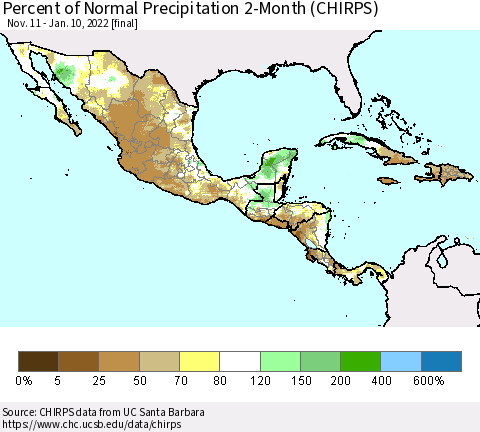 Mexico Central America and the Caribbean Percent of Normal Precipitation 2-Month (CHIRPS) Thematic Map For 11/11/2021 - 1/10/2022