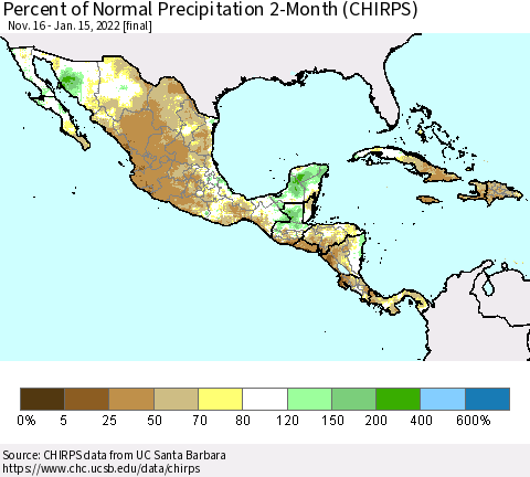 Mexico Central America and the Caribbean Percent of Normal Precipitation 2-Month (CHIRPS) Thematic Map For 11/16/2021 - 1/15/2022