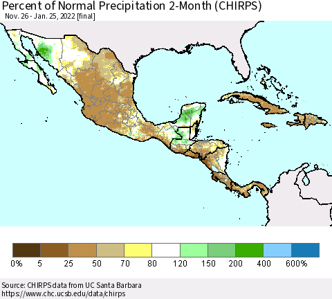 Mexico Central America and the Caribbean Percent of Normal Precipitation 2-Month (CHIRPS) Thematic Map For 11/26/2021 - 1/25/2022
