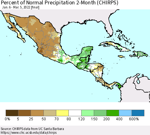 Mexico Central America and the Caribbean Percent of Normal Precipitation 2-Month (CHIRPS) Thematic Map For 1/6/2022 - 3/5/2022