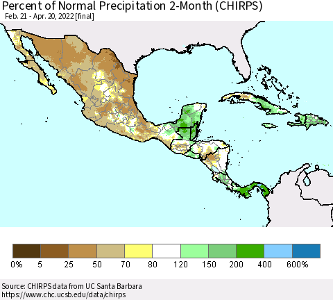 Mexico Central America and the Caribbean Percent of Normal Precipitation 2-Month (CHIRPS) Thematic Map For 2/21/2022 - 4/20/2022