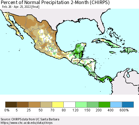 Mexico Central America and the Caribbean Percent of Normal Precipitation 2-Month (CHIRPS) Thematic Map For 2/26/2022 - 4/25/2022