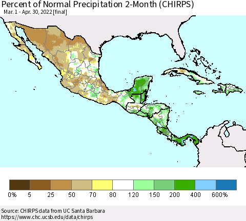 Mexico Central America and the Caribbean Percent of Normal Precipitation 2-Month (CHIRPS) Thematic Map For 3/1/2022 - 4/30/2022