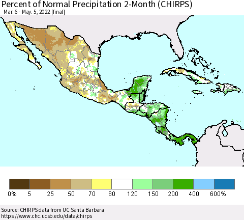Mexico Central America and the Caribbean Percent of Normal Precipitation 2-Month (CHIRPS) Thematic Map For 3/6/2022 - 5/5/2022