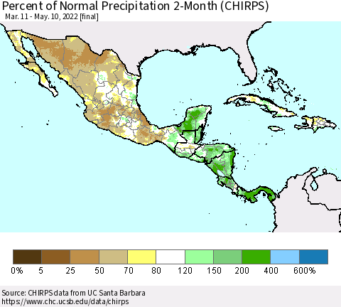 Mexico Central America and the Caribbean Percent of Normal Precipitation 2-Month (CHIRPS) Thematic Map For 3/11/2022 - 5/10/2022