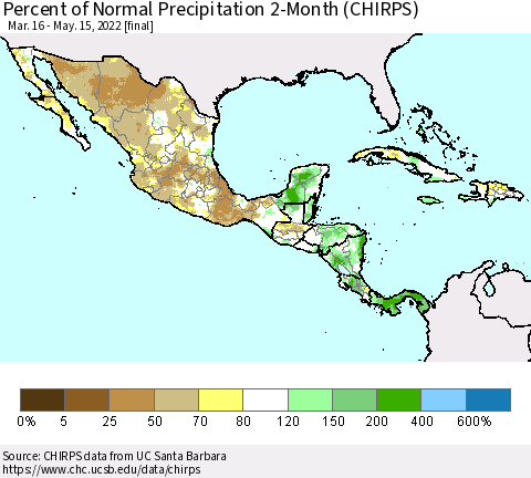 Mexico Central America and the Caribbean Percent of Normal Precipitation 2-Month (CHIRPS) Thematic Map For 3/16/2022 - 5/15/2022