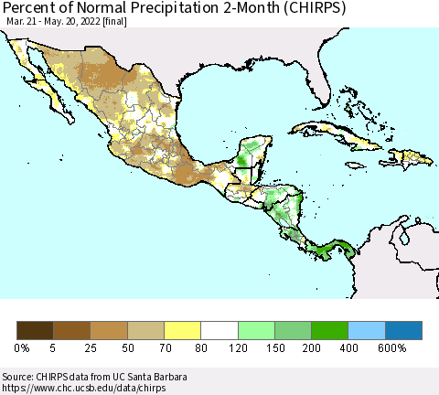 Mexico Central America and the Caribbean Percent of Normal Precipitation 2-Month (CHIRPS) Thematic Map For 3/21/2022 - 5/20/2022