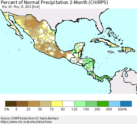 Mexico Central America and the Caribbean Percent of Normal Precipitation 2-Month (CHIRPS) Thematic Map For 3/26/2022 - 5/25/2022
