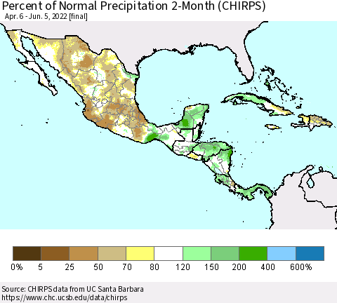 Mexico Central America and the Caribbean Percent of Normal Precipitation 2-Month (CHIRPS) Thematic Map For 4/6/2022 - 6/5/2022