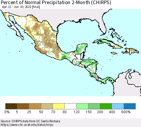 Mexico Central America and the Caribbean Percent of Normal Precipitation 2-Month (CHIRPS) Thematic Map For 4/11/2022 - 6/10/2022