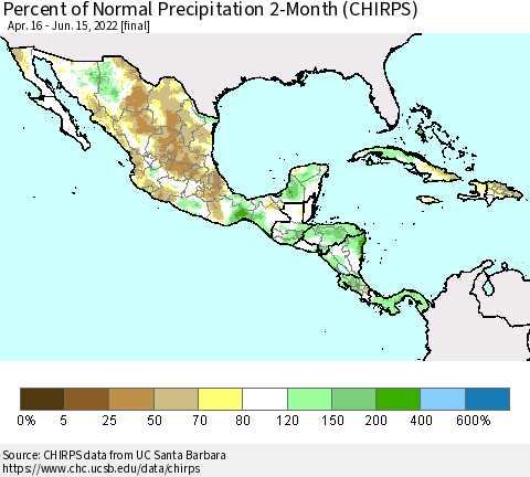 Mexico Central America and the Caribbean Percent of Normal Precipitation 2-Month (CHIRPS) Thematic Map For 4/16/2022 - 6/15/2022