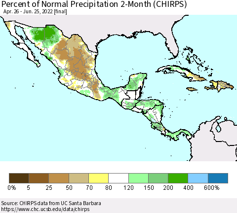 Mexico Central America and the Caribbean Percent of Normal Precipitation 2-Month (CHIRPS) Thematic Map For 4/26/2022 - 6/25/2022