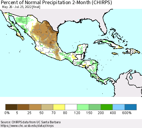Mexico Central America and the Caribbean Percent of Normal Precipitation 2-Month (CHIRPS) Thematic Map For 5/26/2022 - 7/25/2022