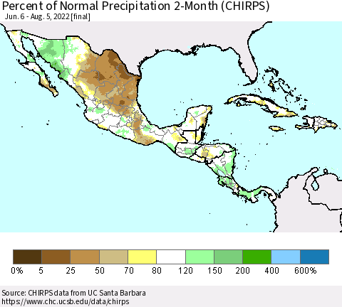 Mexico Central America and the Caribbean Percent of Normal Precipitation 2-Month (CHIRPS) Thematic Map For 6/6/2022 - 8/5/2022