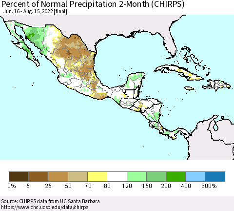 Mexico Central America and the Caribbean Percent of Normal Precipitation 2-Month (CHIRPS) Thematic Map For 6/16/2022 - 8/15/2022